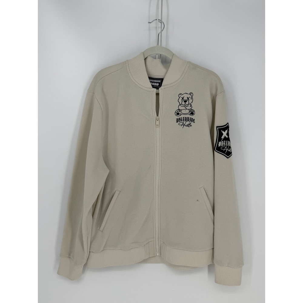 Super Massive Bomber Jacket Mens L Beige Worldwide Hustle Bear Camo Streetwear